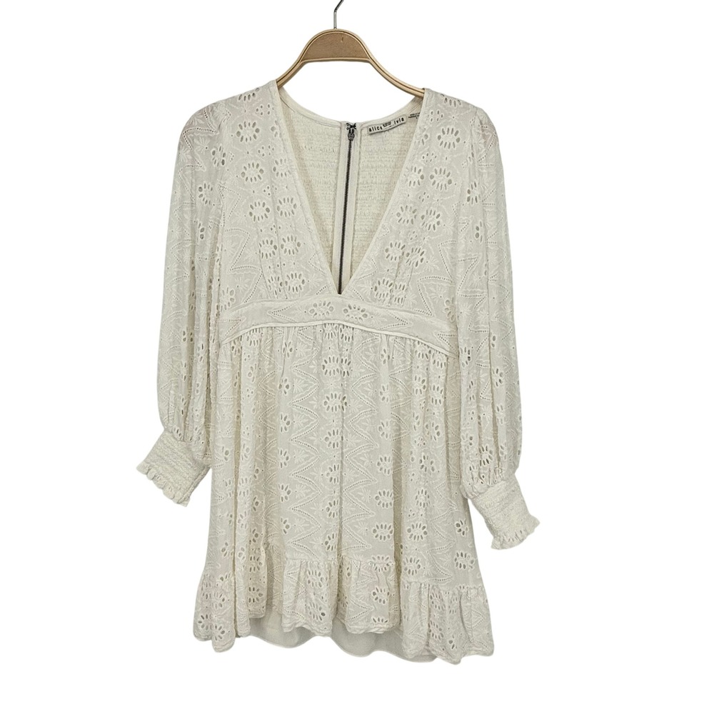 Alice + Olivia Mini Dress Womens 6 White Excellent Eyelet Embroidered Boho